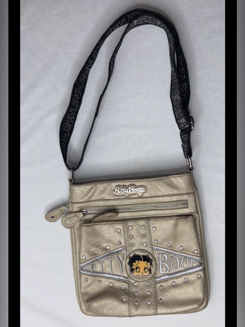 Betty Boop Metallic Taupe Shoulder Bag with Black Strap